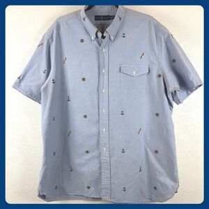Ralph Lauren Mens XXL Blue Nautical Embroidered Short Sleeve Oxford Shirt Anchor